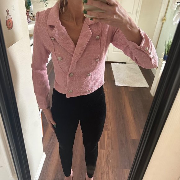 Vintage pink tweed cropped long sleeve double breasted blazer suit jacket - Picture 6 of 11